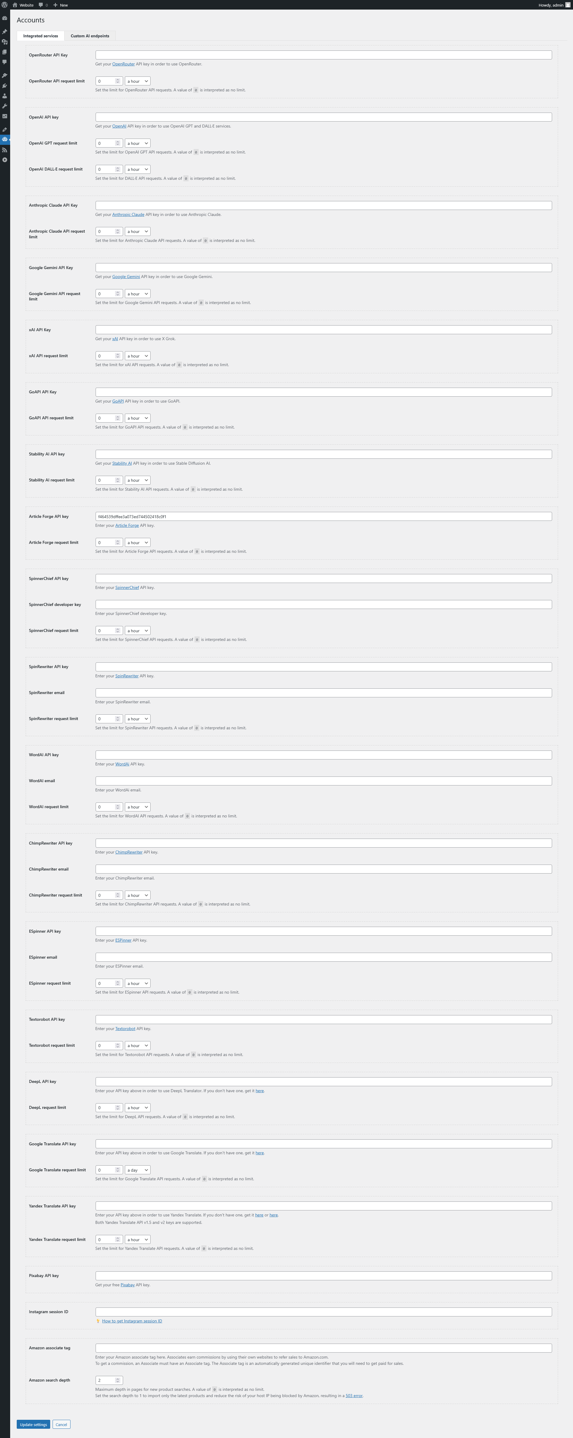 CyberSEO Pro Accounts - Integrated services Page