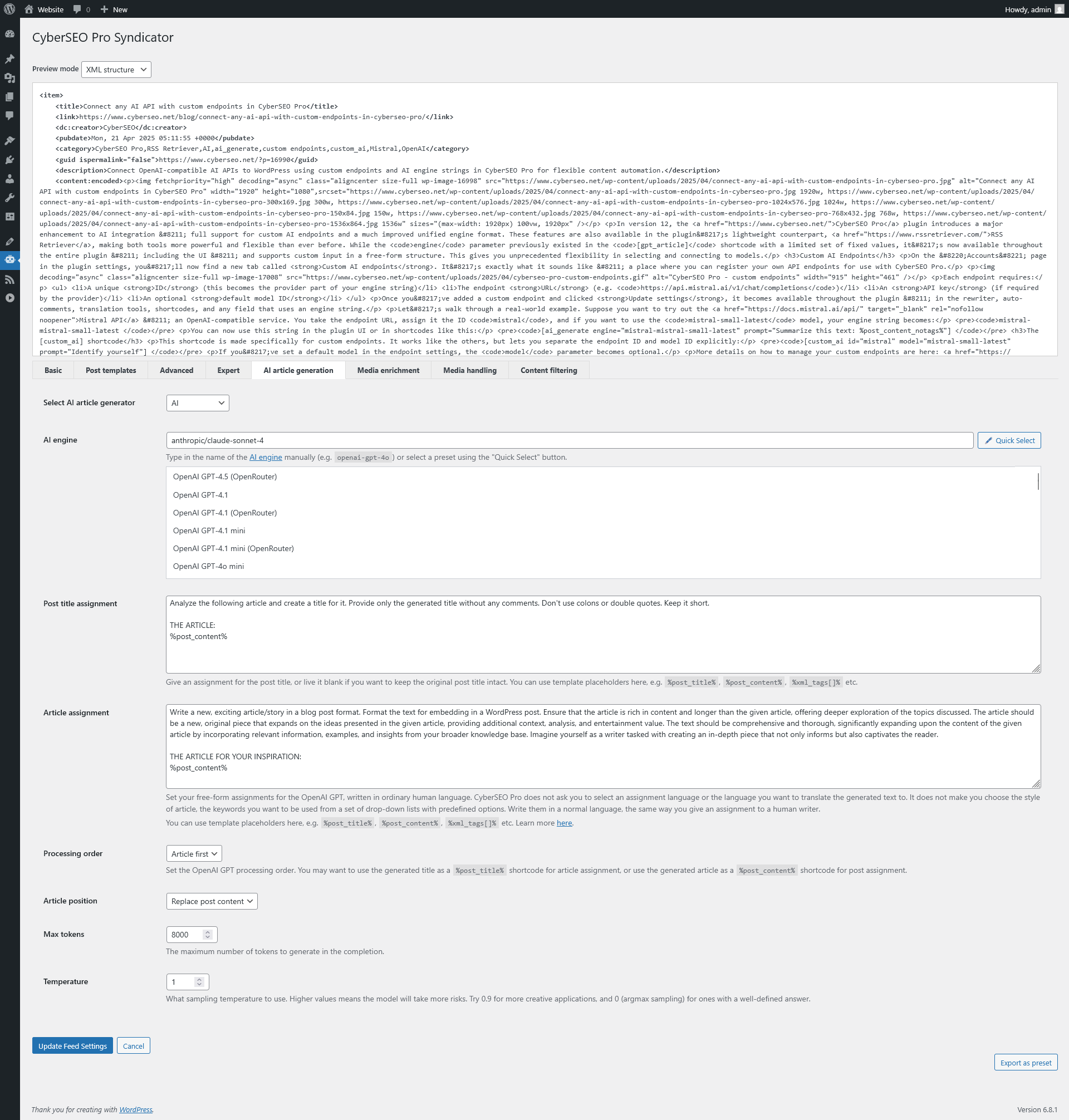 CyberSEO Pro Syndicator AI Article Generation