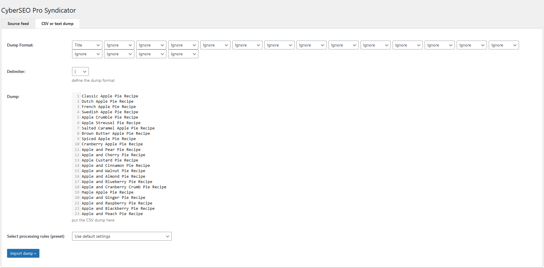 Import a CSV dump wit CyberSEO Pro