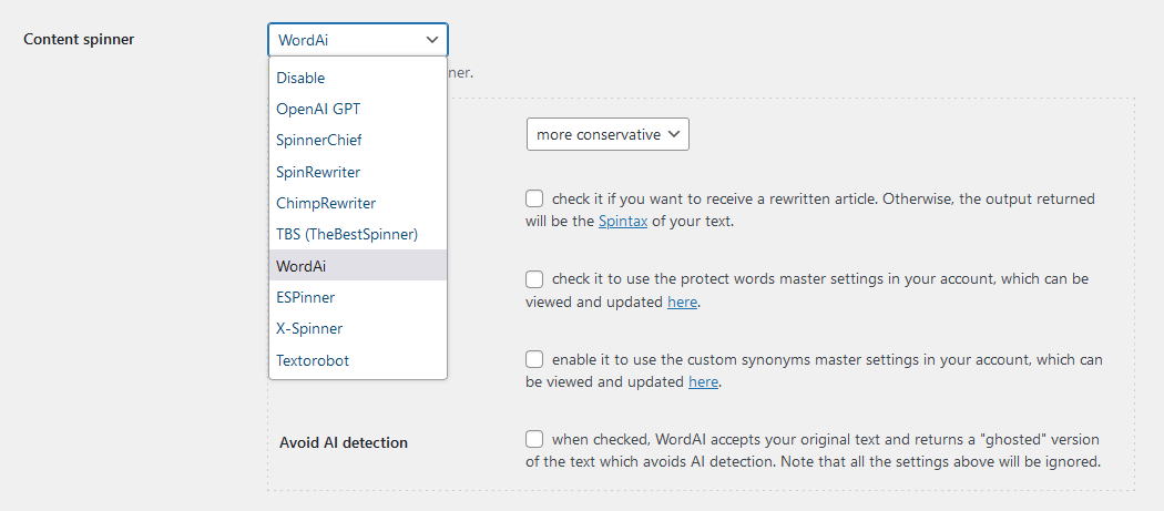 CyberSEO Pro content spinner selection