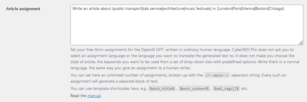 CyberSEO Pro GPT article assignment