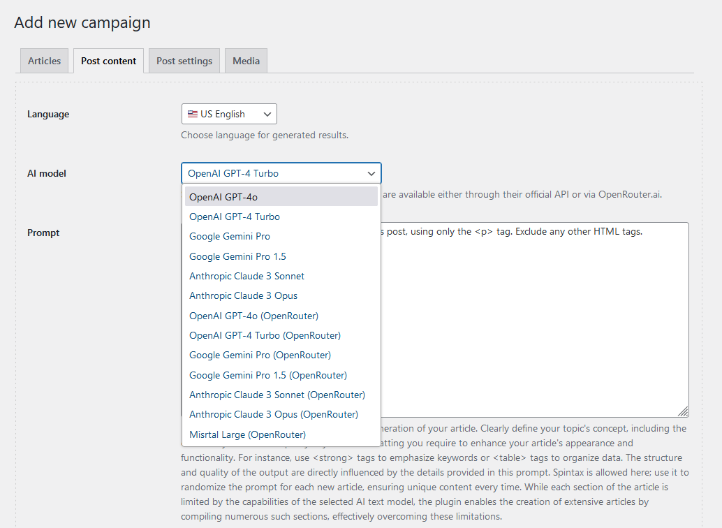 AI Autoblogger - model select