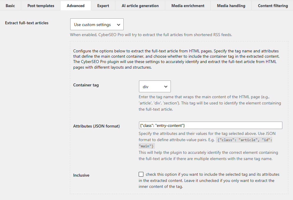Extract full-text articles using container tags